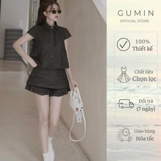 Set bộ sơ mi GUMIN thiết kế áo sơ mi phối viền bèo kèm chân váy gấu bèo xòe có lớp lót trong cao cấp