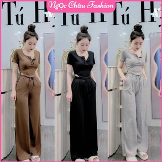 Set áo thun tăm cổ u phối nút tay ngắn vạc bầu phối quần suông dài có túi lưng thun form 38-54kg 