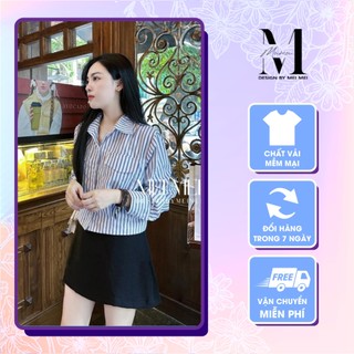 Set áo sơ mi nữ kẻ xanh sọc to li eo dáng ngắn, áo sơ mi kẻ xanh kẻ sọc to có túi hàng QCCC Meistore ST12699