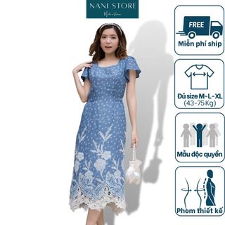 Đầm maxi có tay cổ vuông cotton mềm mát màu xanh dương họa tiết hoa lá đi chơi đi biển - Nani Store