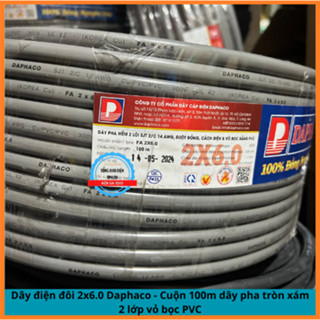 Dây điện đôi 2x4.0/2x6.0 Daphaco - Cuộn 100m dây pha tròn xám 2 lớp vỏ bọc PVC- Hàng Chính Hãng