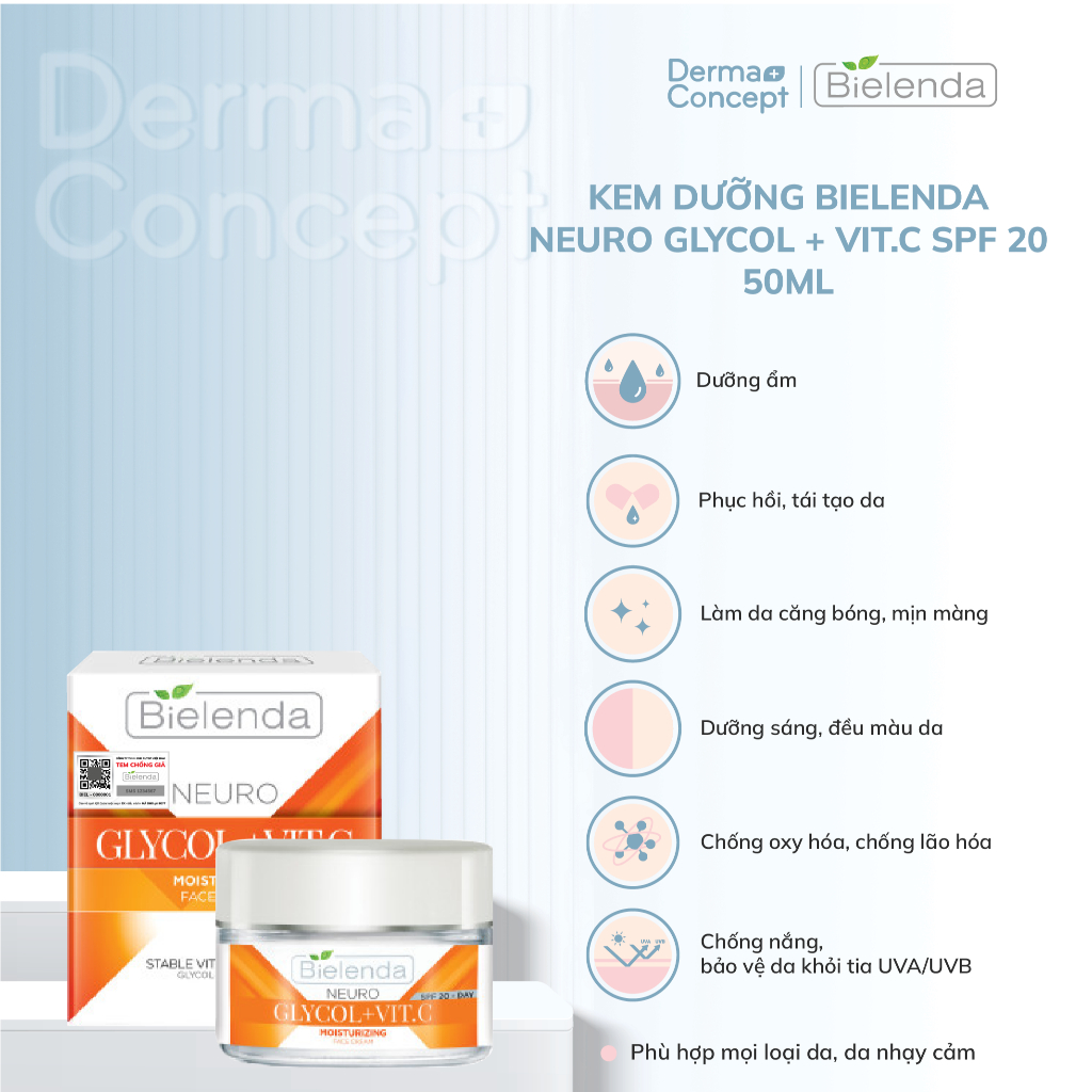 Kem dưỡng Bielenda Neuro Glycol + Vit.C SPF 20 dưỡng trắng da và trẻ hoá da ban ngày 50ml