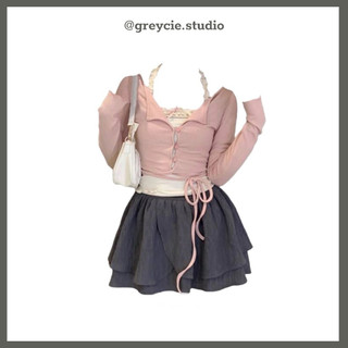 GREYCIE Set áo váy áo cardigan len hồng phấn kèm áo yếm trắng và chân váy xòe ngắn xanh sexy S0S4