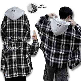 Áo khoác caro flannel sơ mi có nón tháo chữ thêu chống nắng cặp đôi nam nữ local brand nỉ dạ form boxy bigsize gin store