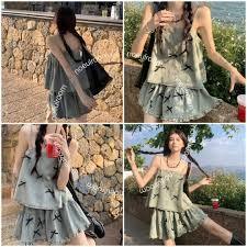 Set Bộ Jean Áo 2 Dây Mix Chân Váy Đính Nơ Chuẩn Hotgirl - Set Jean Áo 2 Dây Kèm Chân Váy Jean Gắn Nơ