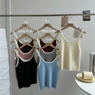  Áo hai dây nữ kẻ ngang một màu dáng ôm body, Áo tanktop croptop baby tee chất dệt kim tone màu basic A3240334