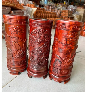 Ống cắm nhang - đựng nhang trạm gỗ hương nguyên khối cao 30cm