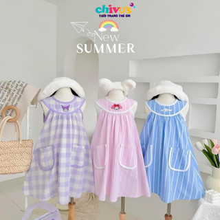 Váy bé gái cổ yếm dáng chữ A, đầm bé gái dáng xuông in hình kuromi chất kẻ mềm mát đủ size cho con từ 10-30kg