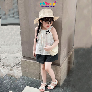 Đồ bộ bé gái họa tiết cổ yếm ren đính nơ siêu xinh, set bé gái tiểu thu trắng tinh khôi chất thoáng mát cho bé 10-30kg