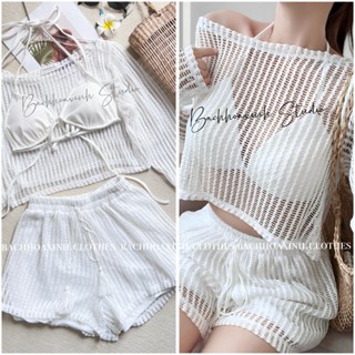 Set bộ bikini LƯỚI 3 món Áo croptop tay dài + Quần short 2 lớp đi biển siêu xinh sexy