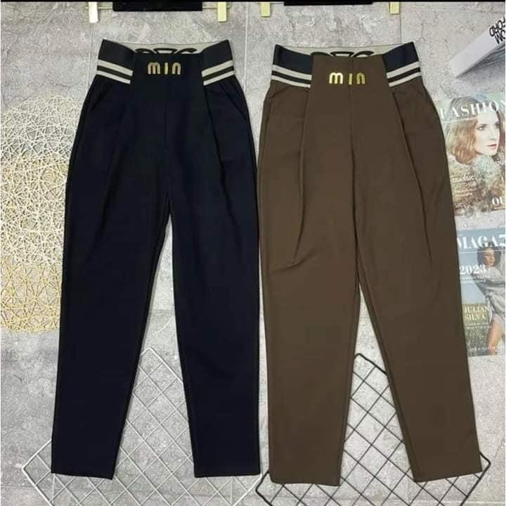 quần baggy nữ vải umi hàn cao cấp cạp chun chữ điểm nhấn chữ min