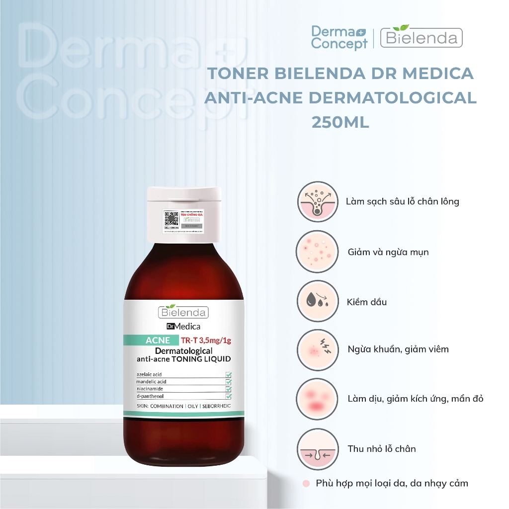 Toner Bielenda Dr Medica Anti-acne Dermatological làm sạch sâu, phục hồi da và giảm mụn 250ml