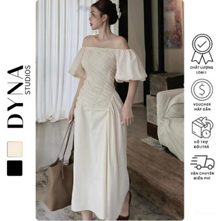Váy thô hàn trễ vai tay bồng dúm thân 𝐀𝐒𝐇𝐘𝐋𝐄𝐘 tay bồng chân xoè dáng dài