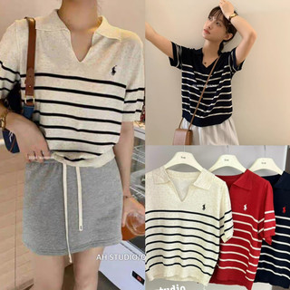 Áo Len Mỏng Vẩy Muối Tiêu Kẻ Sọc Dệt Kim Cổ Polo Xẻ V Thêu Logo Ngựa hàng Quảng Châu Loại 1 m.1226