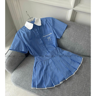 Set áo kẻ sọc chân váy thêu nơ
