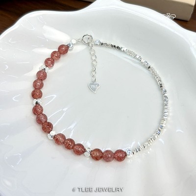Lắc tay bạc nữ TLEE hạt bạc vỡ mix đá dâu hồng tự nhiên TLEE JEWELRY LT0257