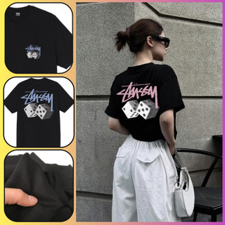 Áo Phông Nữ In Chữ Stusy Xúc Xắc Form Rộng Tay Lỡ, Áo Thun Unisex Vải Cotton Thoáng Mát