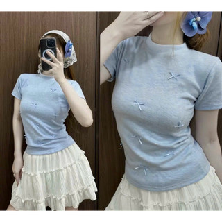 Áo thun babytee đính nơ xinh, 🎀 Áo thun vạt bầu tay ngắn đính nhiều nơ cổ cao