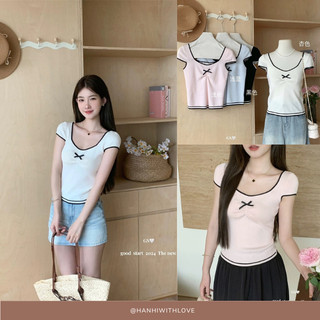 @Hanhiwithlove - Áo phông len mỏng cộc tay họa tiết đính nơ chuẩn tag GS mã S2512