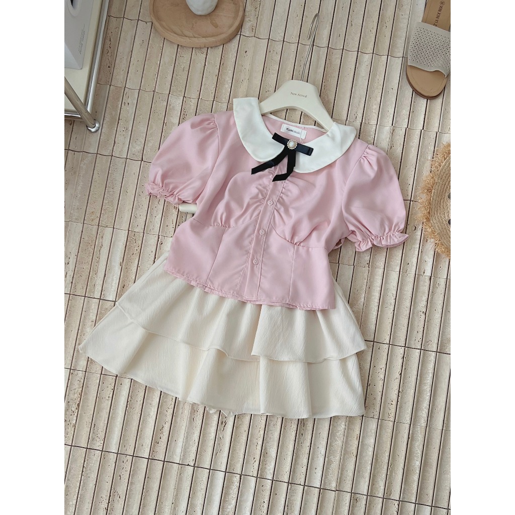 Set áo sơ mi trắng hồng  chiết eo tiểu thư xixeoshop - S95 | BigBuy360 - bigbuy360.vn