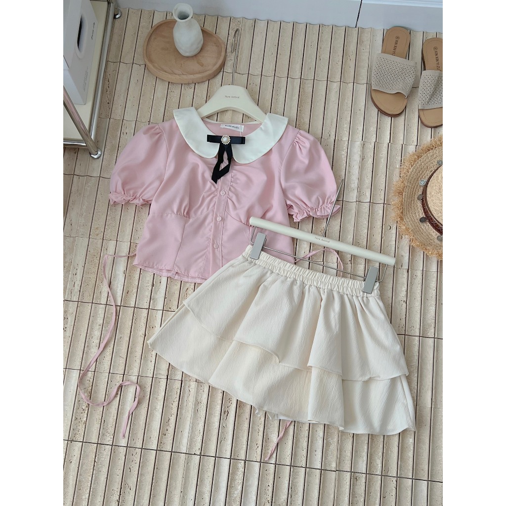 Set áo sơ mi trắng hồng  chiết eo tiểu thư xixeoshop - S95 | BigBuy360 - bigbuy360.vn