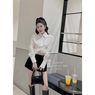 Áo sơ mi trắng croptop lai đính lông vũ tay dài 0624 thaotranshop90 [kèm ảnh thật chụp sàn]