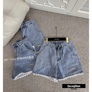 Quần short jeans nữ thêu nơ gấu phối viền ren hàng Qcc