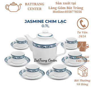 Ấm chén pha trà Bát Tràng men sứ Trắng-bộ Jasimine Chim Lạc Xanh