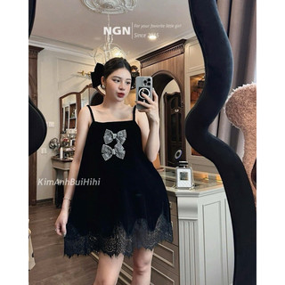 Váy xuông nhung 2 dây nơ kim anh bùi