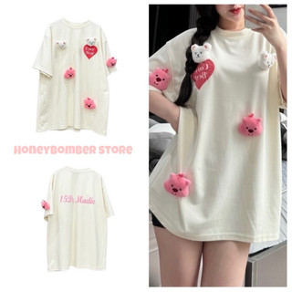Áo Phông Nữ Đính Gấu Hồng Trắng 🌸 Áo Thun Nữ Form Rộng Tay Lỡ Phong cách Ulzzang🌸