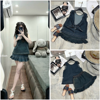Sét áo bò sát nách hở lưng buộc nơ + chân váy