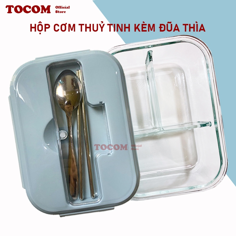 Hộp Cơm Thủy Tinh Văn Phòng TOCOM Chia Ngăn 1-2-3 Chịu Nhiệt Chống Tràn Dùng Được Trong Lò Vi Sóng 1000ml