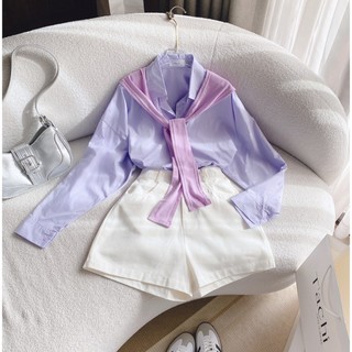 Set 3 món tím: áo sơ mi tím + quàng dây vai tím thắt nơ + quần short trắng