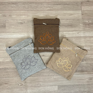 Túi phật tử đeo chéo - túi đi chùa dành cho phật tử thêu sen 3 ngăn, túi đi lễ đeo vai 15x20cm tl1