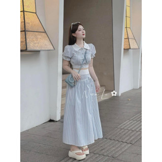 Set bộ sơ mi sọc cổ sen phối chân váy dài