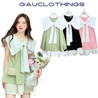 Set áo babydoll cổ trắng thắt nơ thủy thủ chân váy xoè có quần bảo hộ set bộ nữ áo babydoll chân váy chất lụa hàn 124