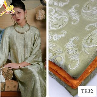 Lụa may áo dài nhaxasilk hoa văn thọ dơi màu xanh nõn chuối– TR32
