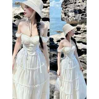 Set váy thích hợp đi biển chất tơ xốp phối ren có kèm mút áo trễ vai sexy nhúng eo váy dài maxi xếp tầng