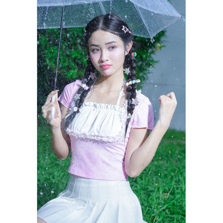 Áo COQUETTE hồng cộc tay gân tăm to cổ yếm viền ren xinh