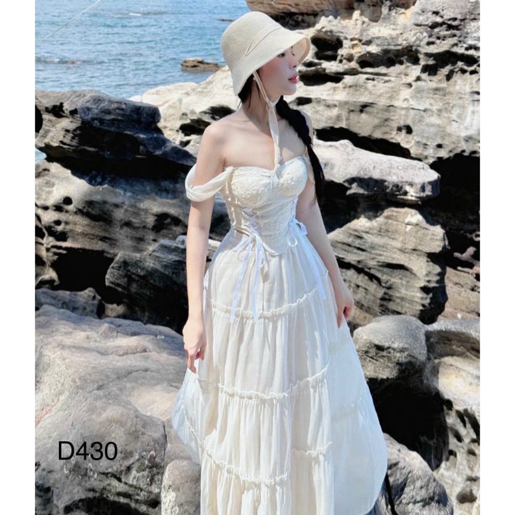 Set váy dài đi biển chất tơ xốp phối ren kèm mút áo trễ vai nhúng eo kem dây thắt nơ vái dài xòe kiểu dáng nhẹ nhàng | BigBuy360 - bigbuy360.vn