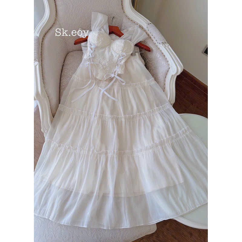Set váy dài đi biển chất tơ xốp phối ren kèm mút áo trễ vai nhúng eo kem dây thắt nơ vái dài xòe kiểu dáng nhẹ nhàng | BigBuy360 - bigbuy360.vn