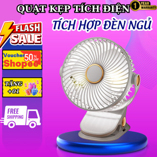 Quạt Kẹp Bàn Mini Tích Điện Dung Lượng 10.000mAh, 3 Chế Độ Gió, Xoay 360 Độ Kèm Đèn Ngủ & Pin Sạc.