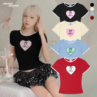 Áo thun nữ dáng ôm thun cotton nhung phối ren thêu trái tim MONÁ - HEARTY