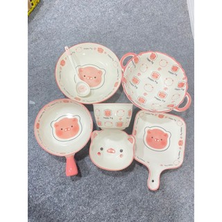  Bộ bát đĩa ăn cơm, bộ chén bát ăn cơm hoạ tiết heo hồng xinh xắn.
