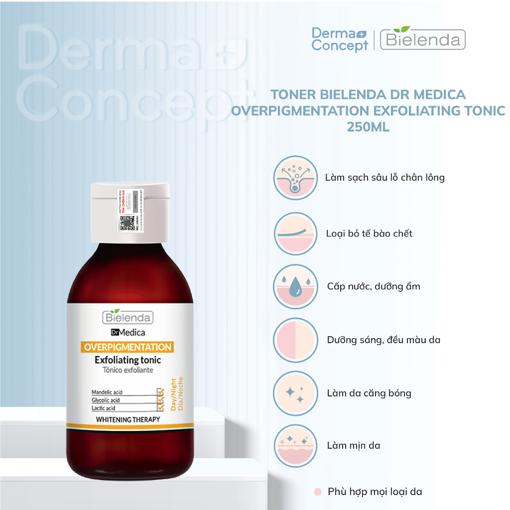 Toner dưỡng trắng Bielenda Dr Medica Overpigmentation Exfoliating Tonic làm da căng bóng, sáng mịn, mờ thâm sạm 250ml