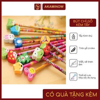 Bút chì gỗ kèm tẩy hình thú, họa tiết siêu dễ thương