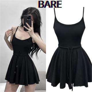 Đầm hai dây nữ trơn kiểu dáng đầm nữ xòe năng động thiết kế dây rút eo tôn dáng chất thun gân tăm dày mịn-D0457