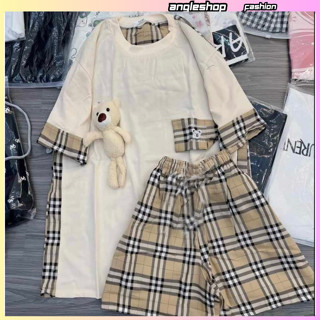 Set bộ áo phông kèm gấu phối kèm quần sooc kẻ vàng