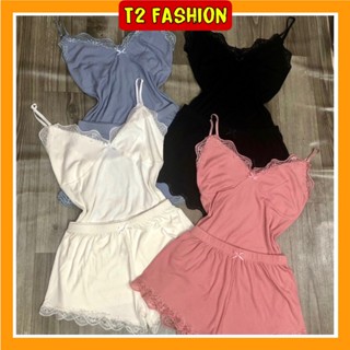 (Tặng Kèm Mút) Bộ đồ ngủ 2 dây thun tăm viền ren siêu mát T023