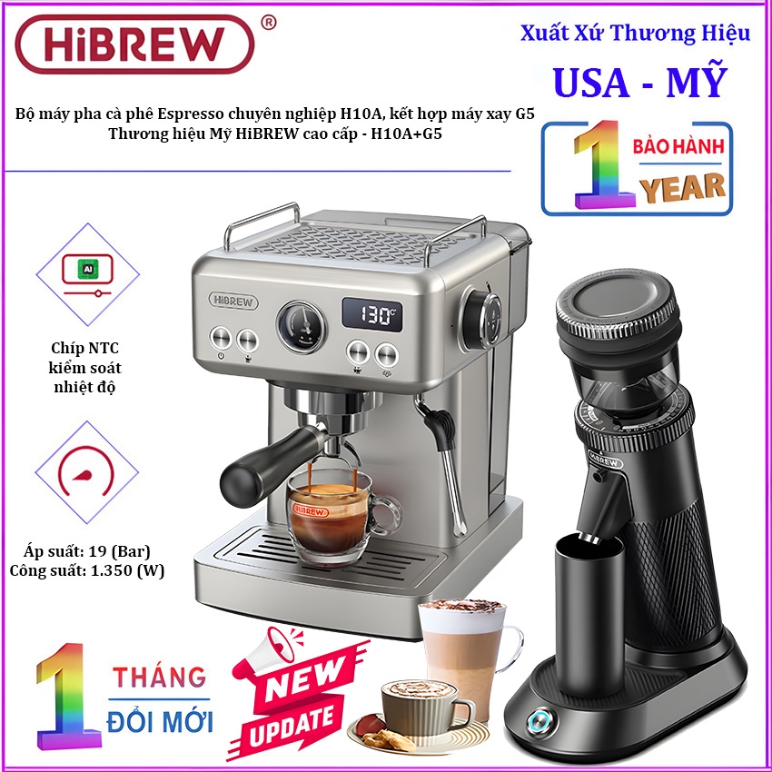 Combo máy pha và máy xay cà phê chuyên nghiệp thương hiệu Hibrew cao cấp - HÀNG CHÍNH HÃNG